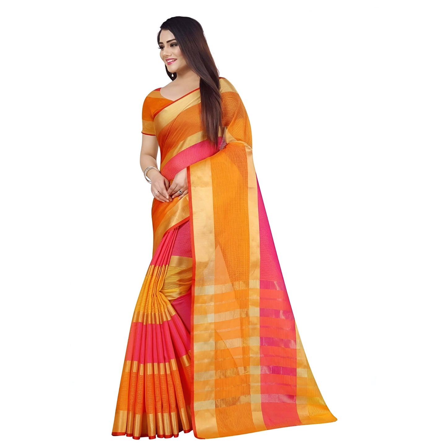 Bright orange Kota Doria saree with golden border, front-draped in elegant folds