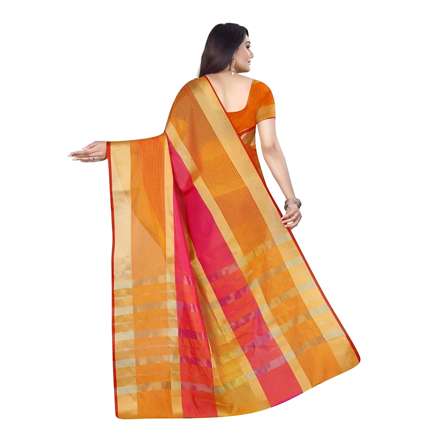Flowing pallu showcasing golden border detail over vibrant orange fabric
