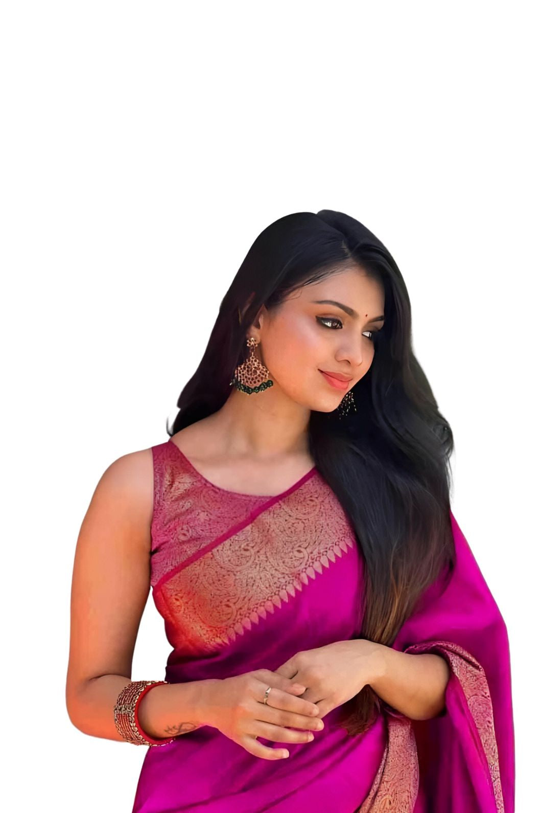 Studio front pose of soft pink silk saree draped neatly – white background