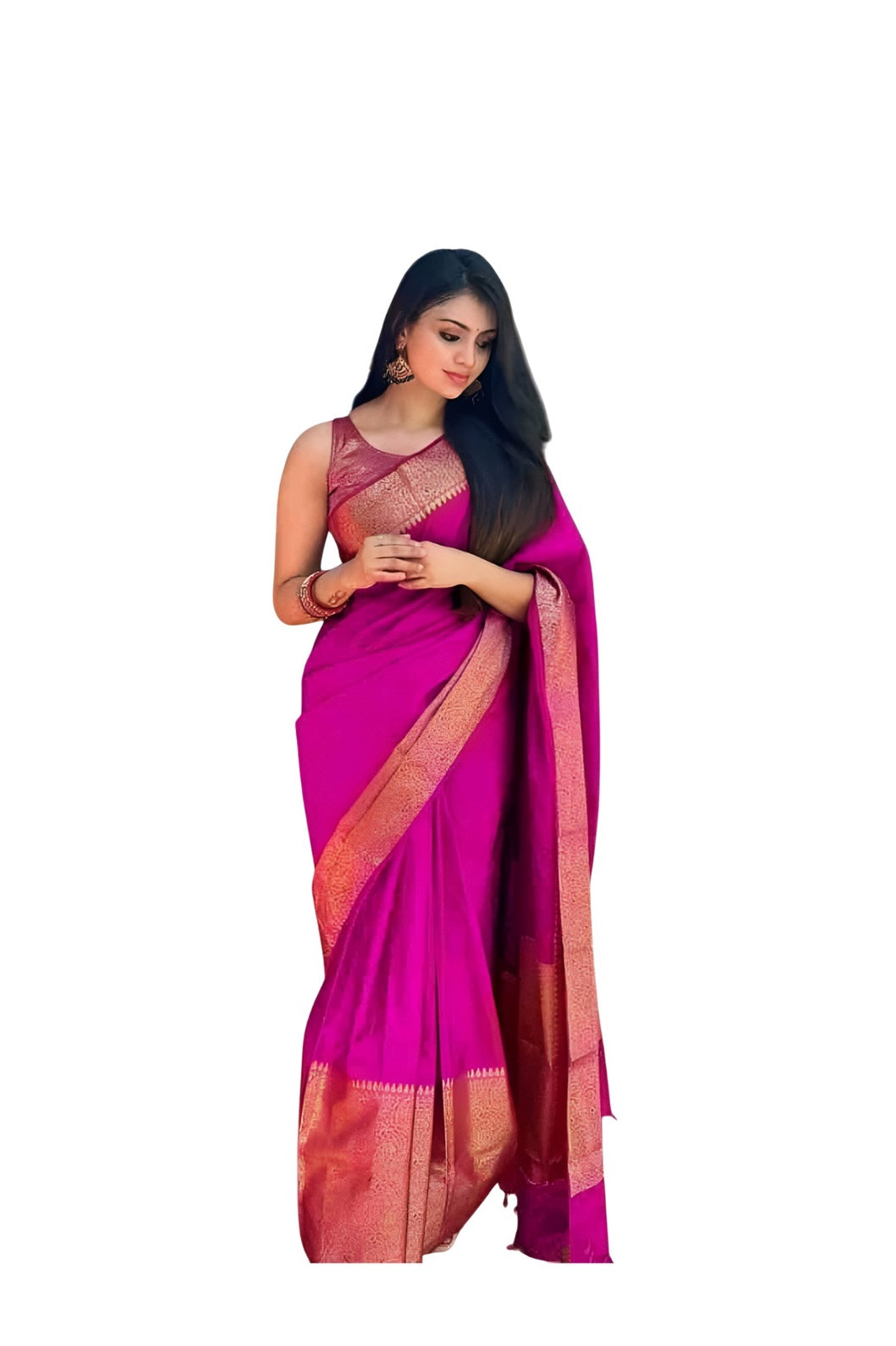 Studio front pose of soft pink silk saree draped neatly – white background
