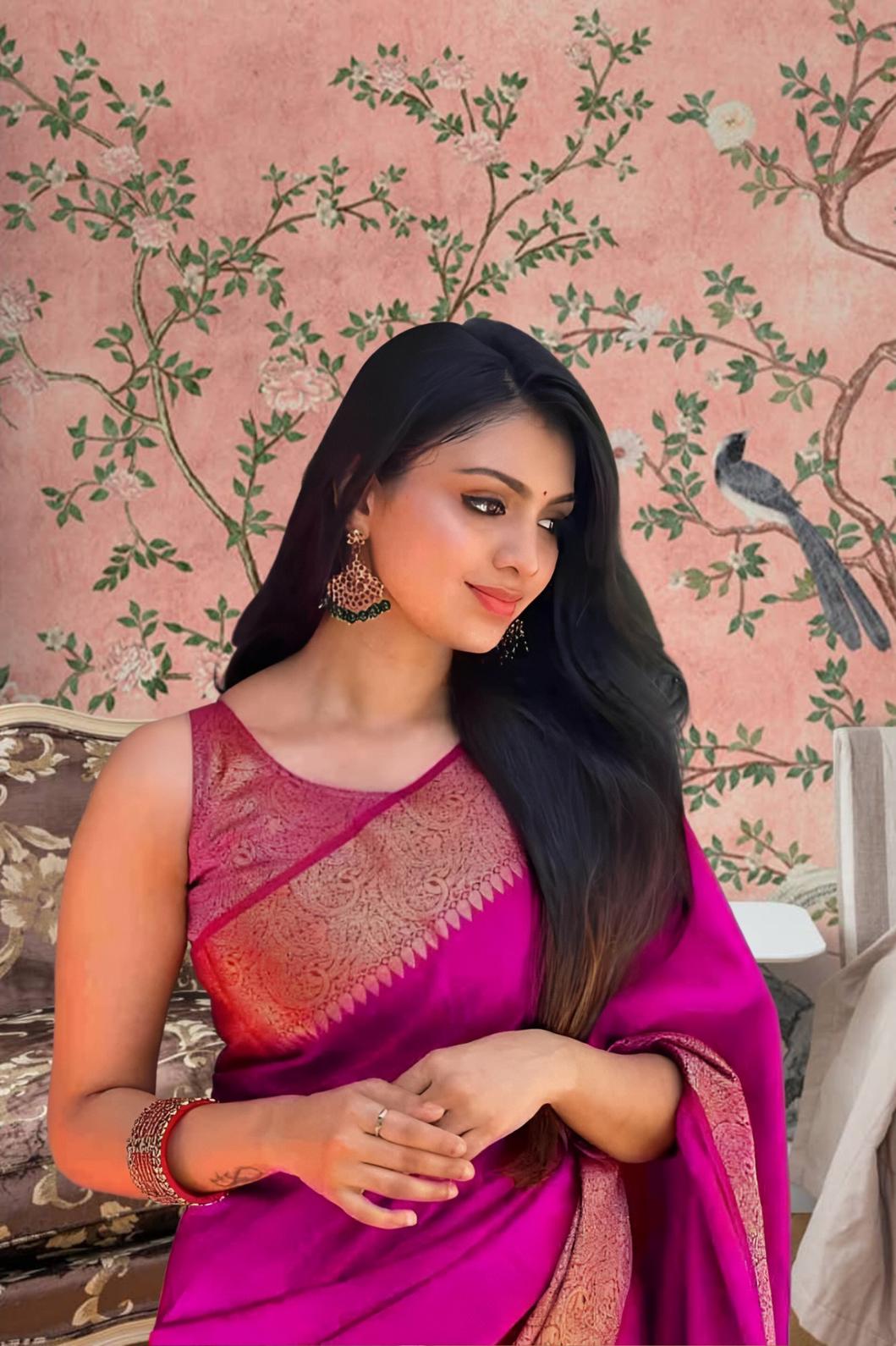 Front view of 💗 Komalantara pink Lichi silk saree in palace room setup – lifestyle background