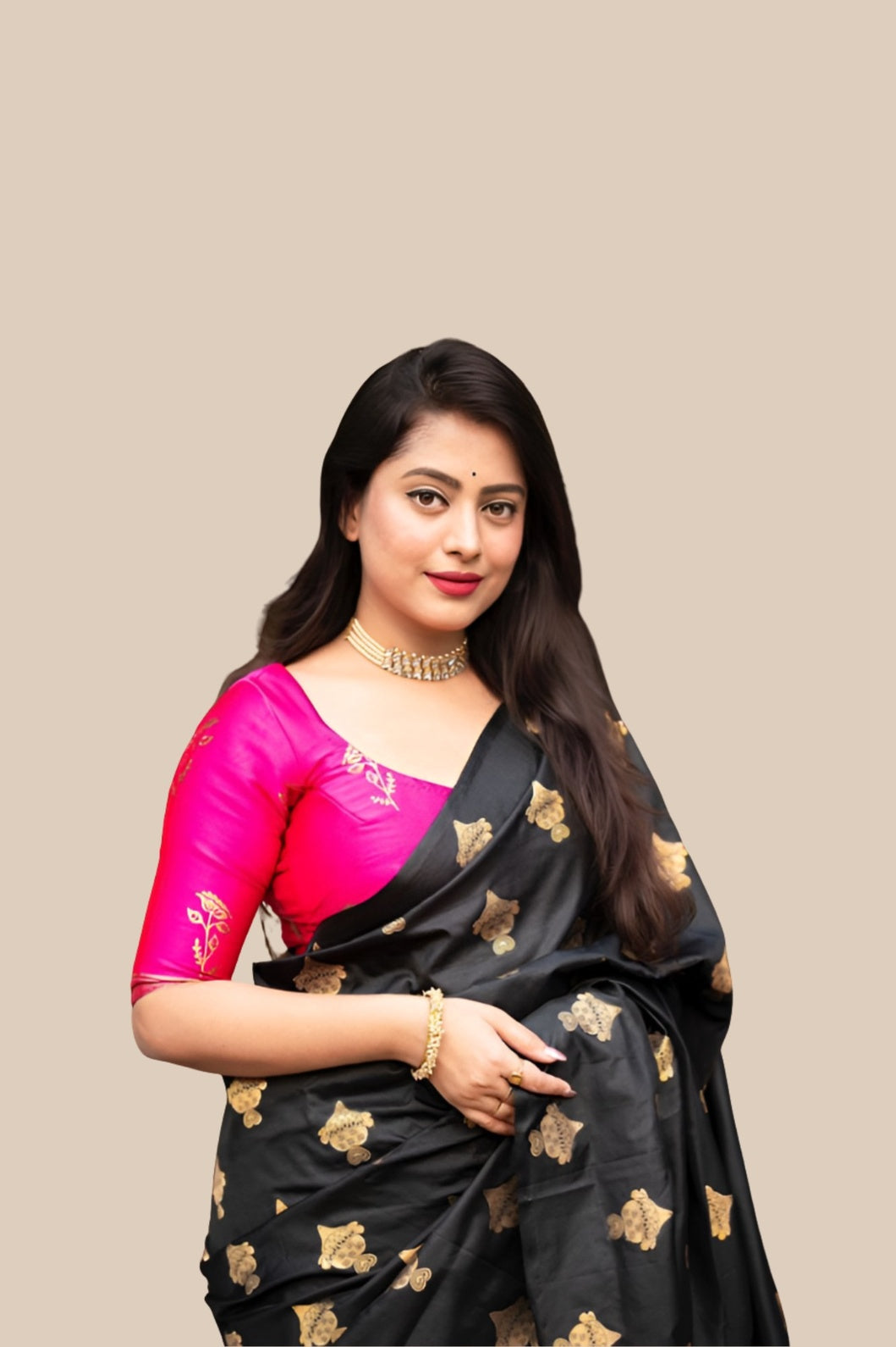Studio front view of black silk printed saree with pink blouse
