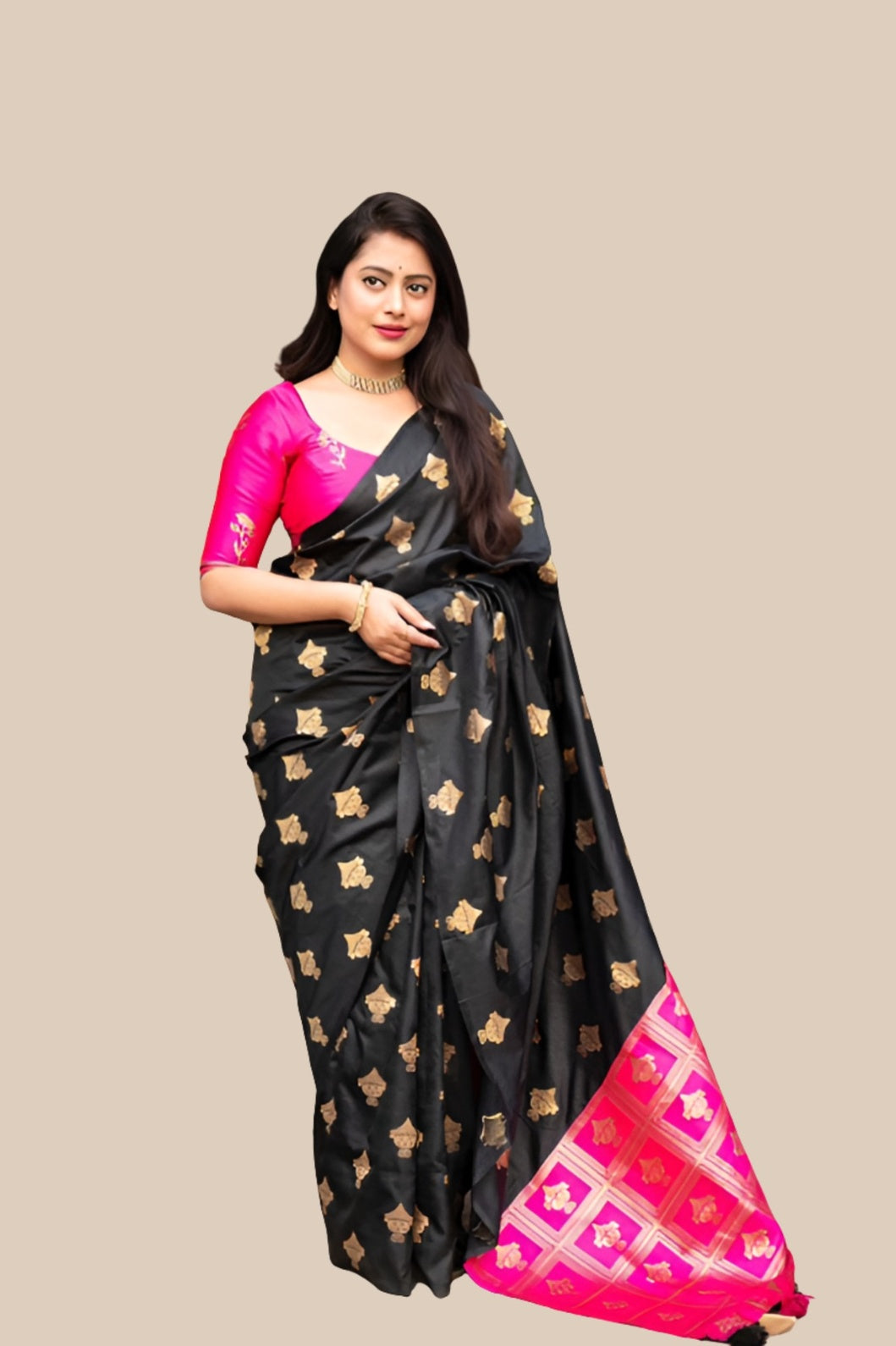 Studio front view of black silk printed saree with pink blouse