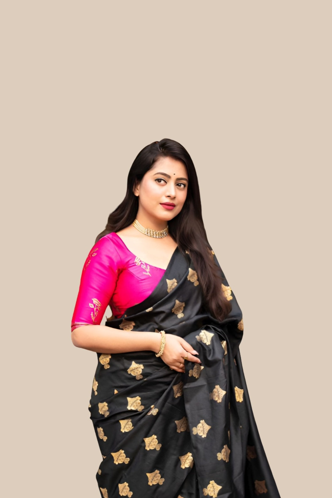 Studio front view of black silk printed saree with pink blouse