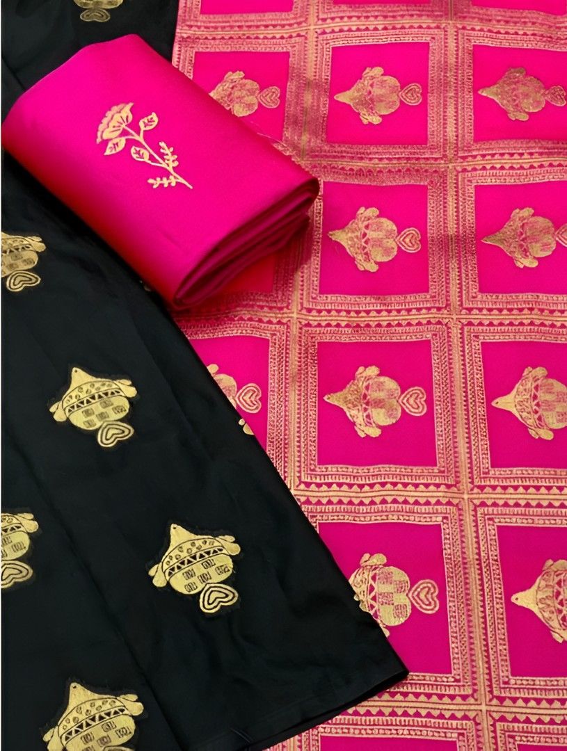 Studio close-up of intricate print on black silk