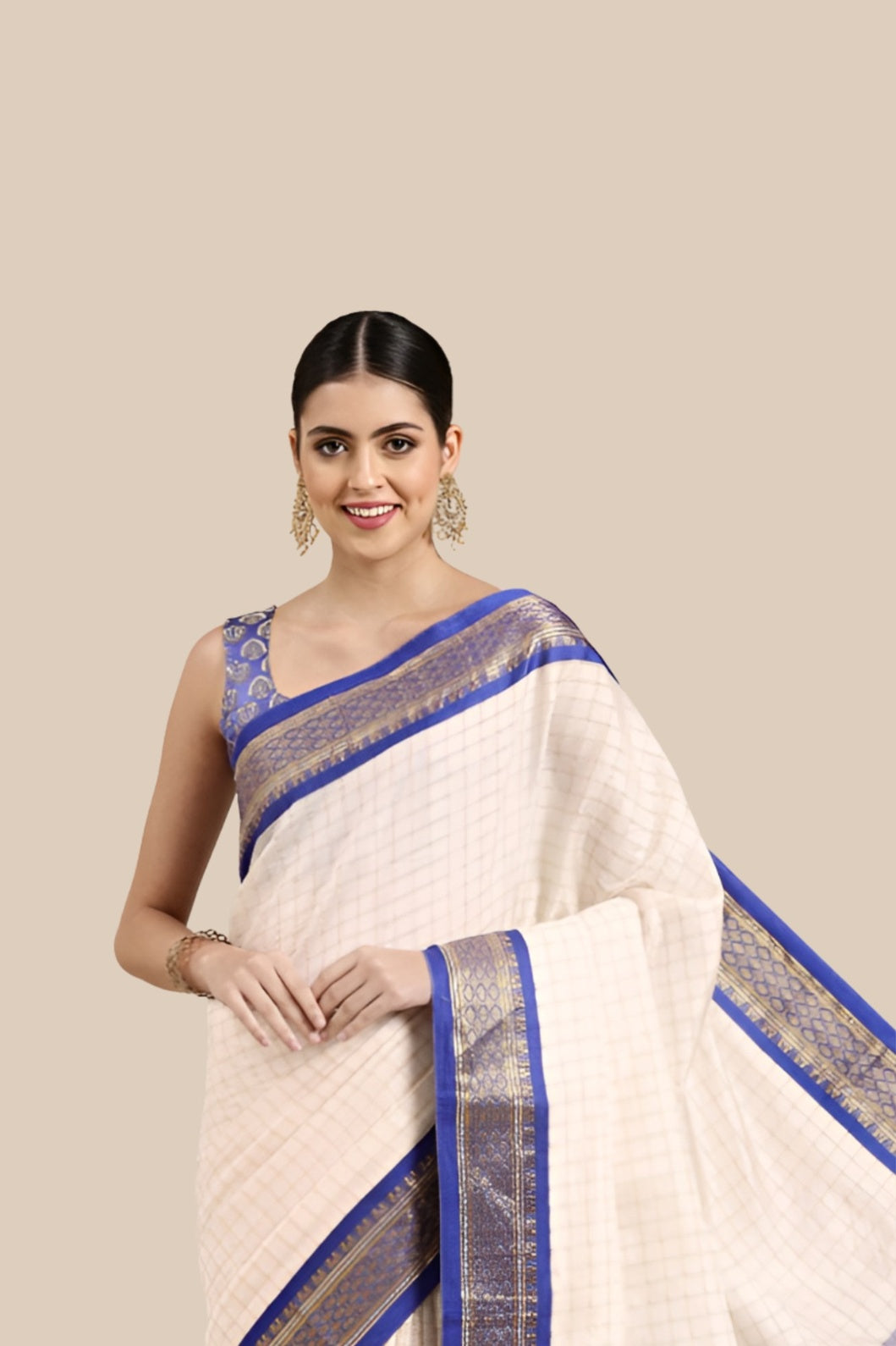 Studio front angle of royal blue saree with blouse