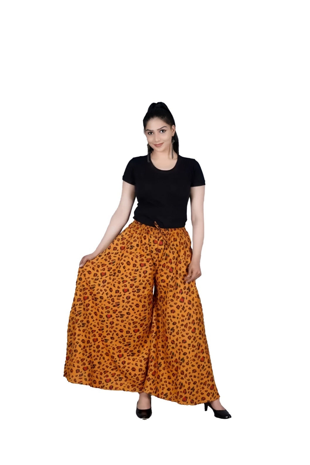 Isolated front view of saffron-orange palazzo pants