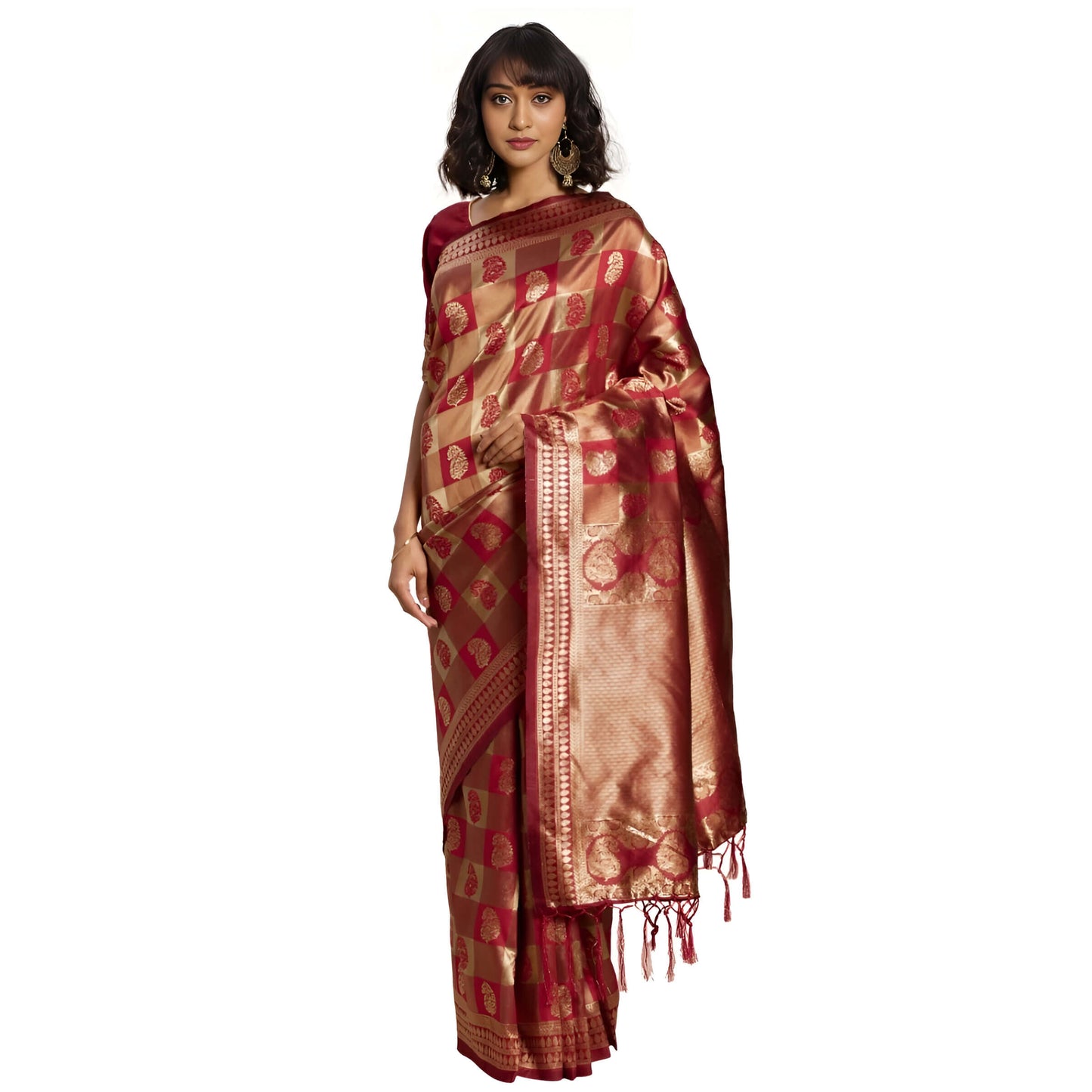 Maroon Banarasi silk saree with golden patterns against white background