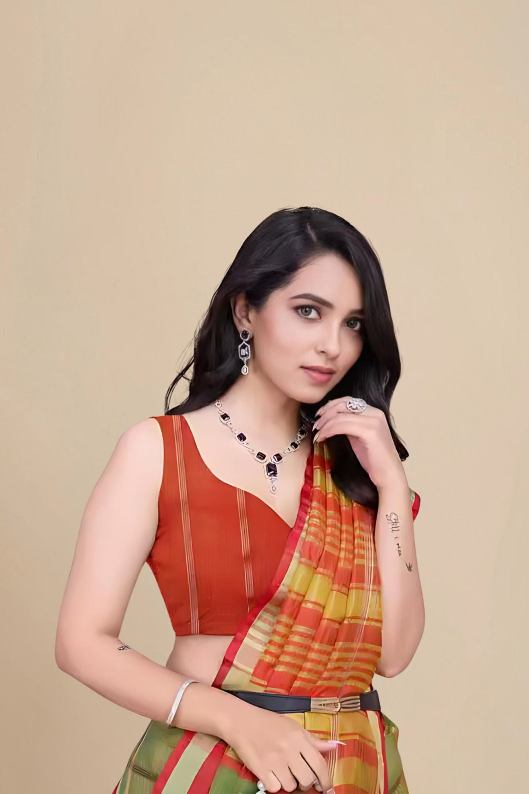 Studio close-up of light checkered blouse and silk threads