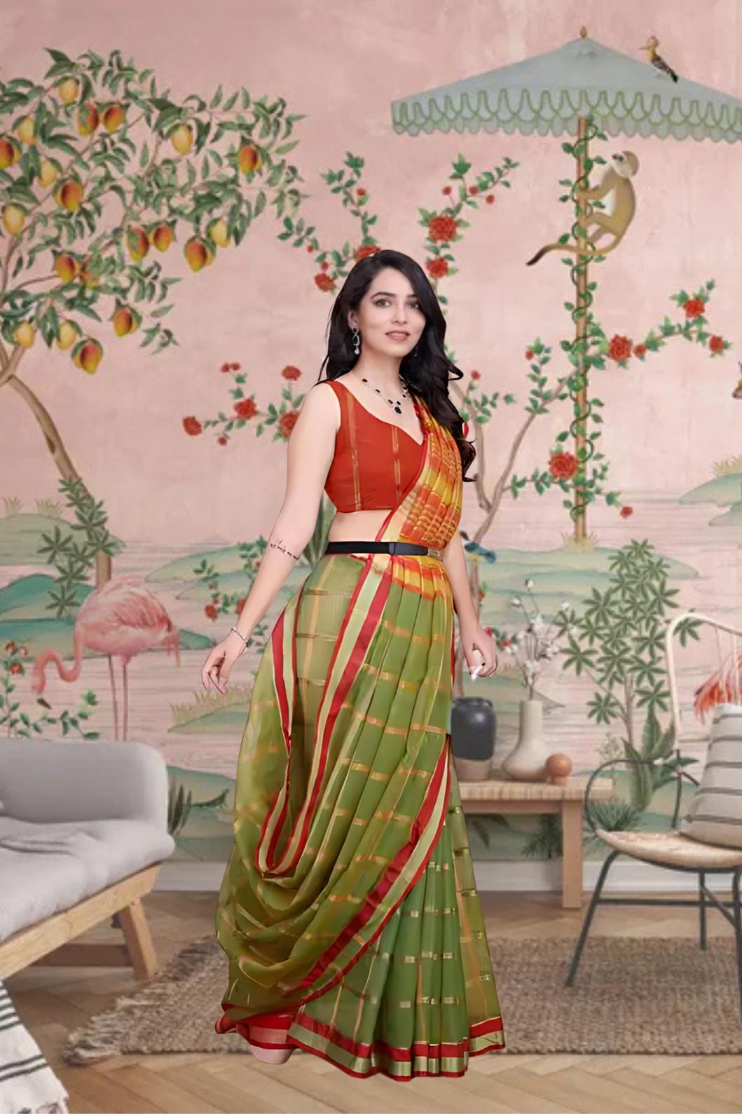 Front view of Mehendi green checkered saree in palace ambiance