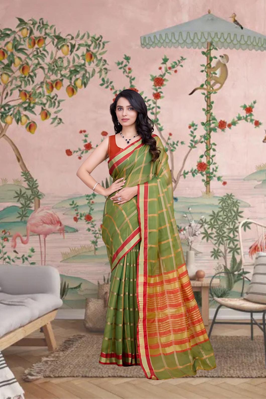 Front view of Mehendi green checkered saree in palace ambiance