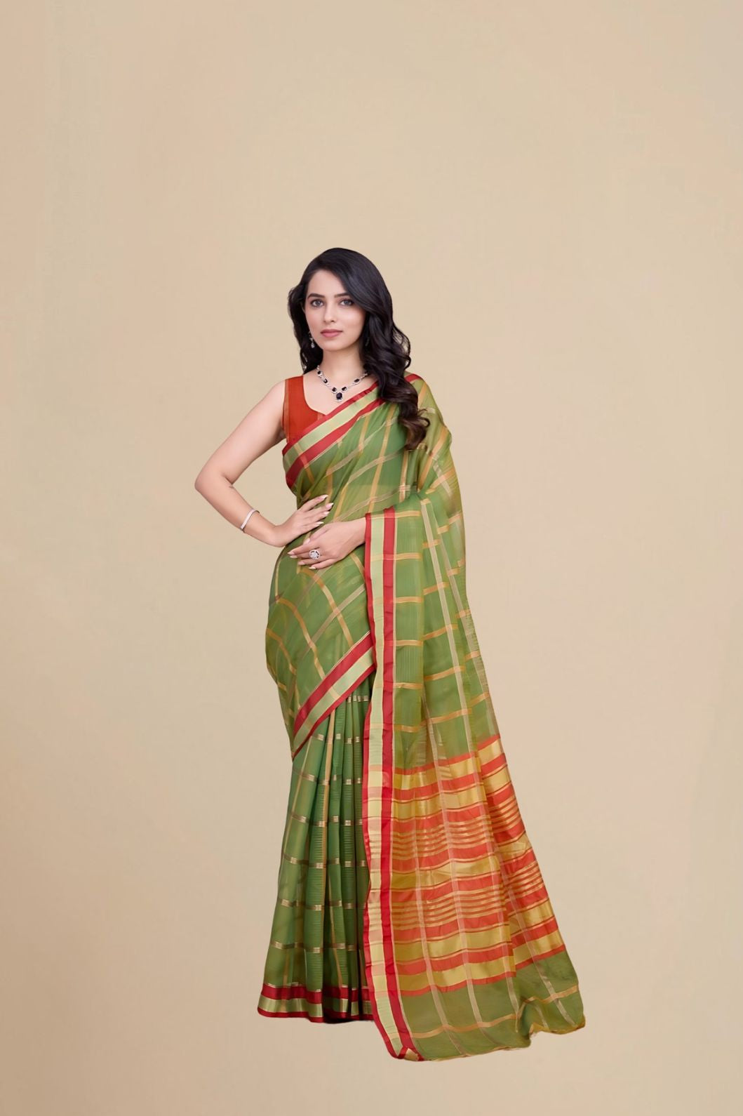 Studio front view highlighting saree structure and color clarity
