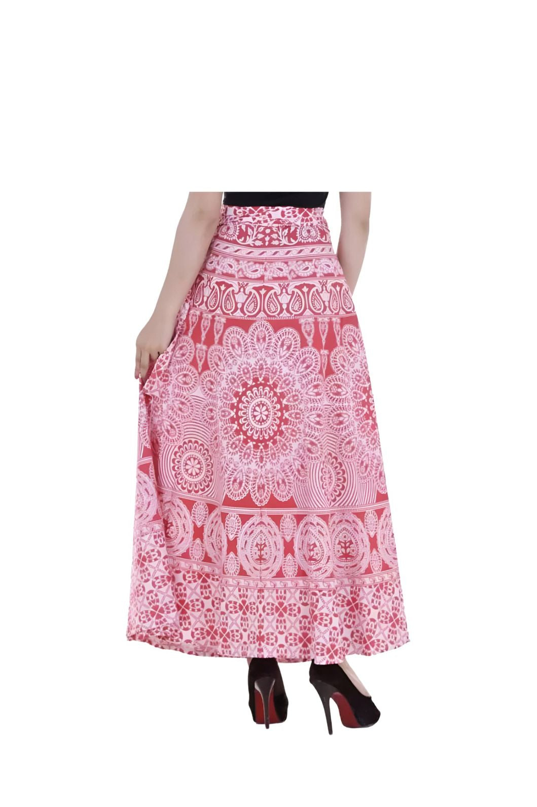 Front view wrapped in temple tones, skirt flaring like devotion