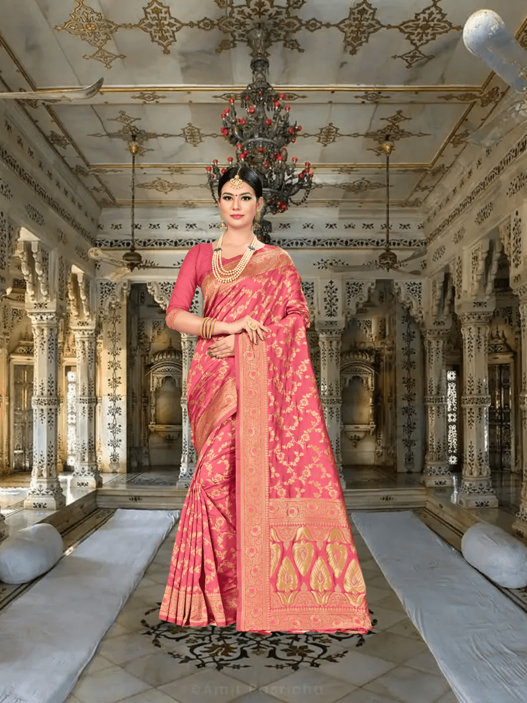 Close-up of golden motifs on bright red silk blend saree in palace interior