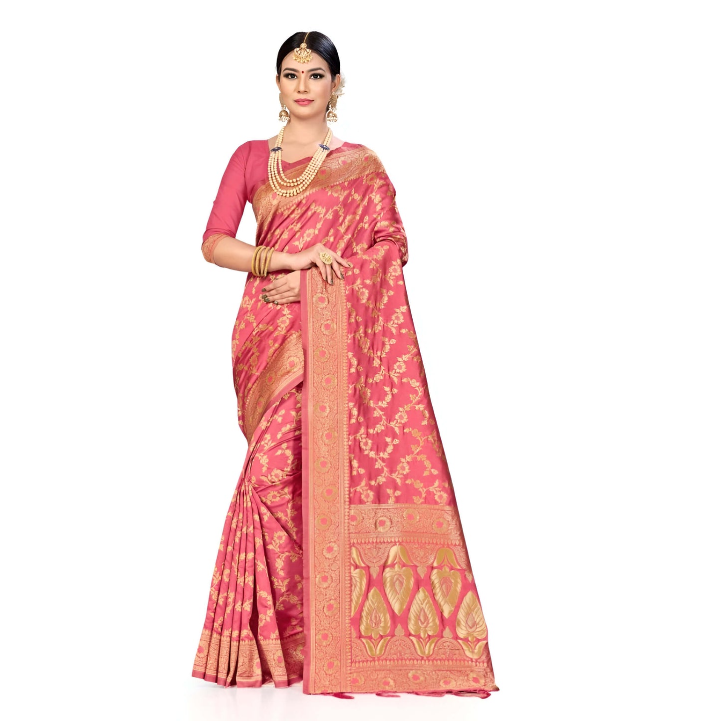 Sharp image of saree pleats with fine golden detailing on red fabric