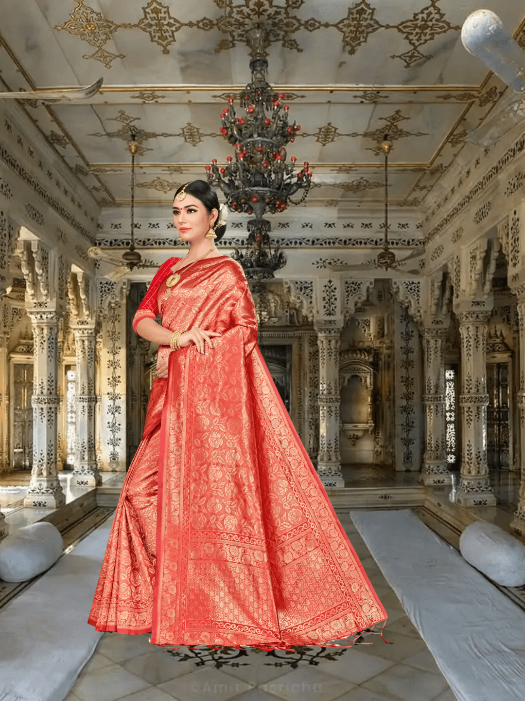 Model draped in red Banarasi silk saree with gold patterns standing in palace room