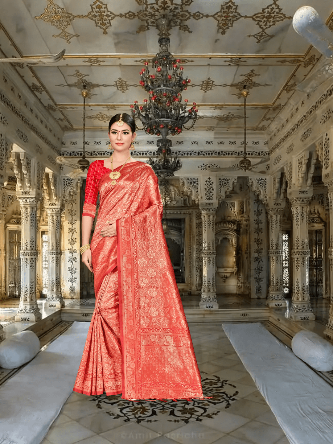 Close-up of gold abstract motifs on red silk saree in royal backdrop