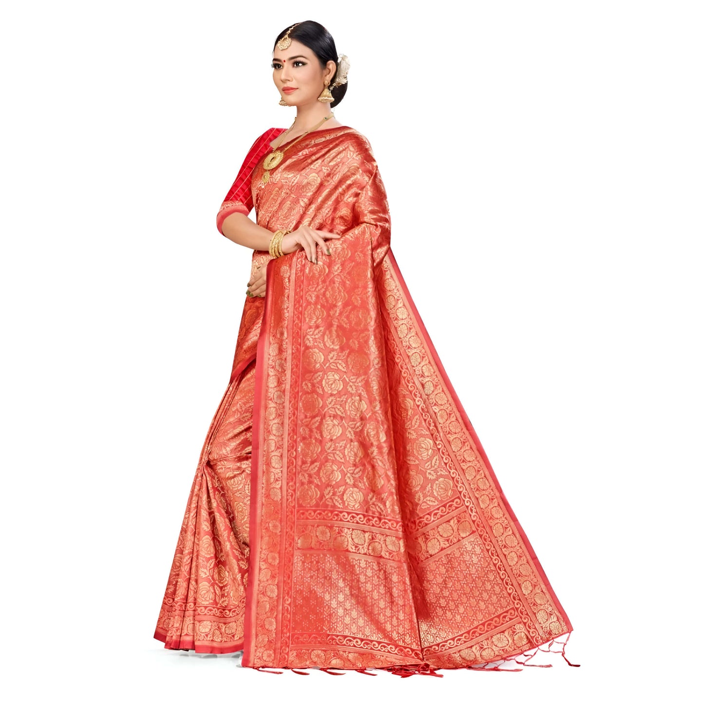 Red Banarasi silk saree with golden zari displayed against white background