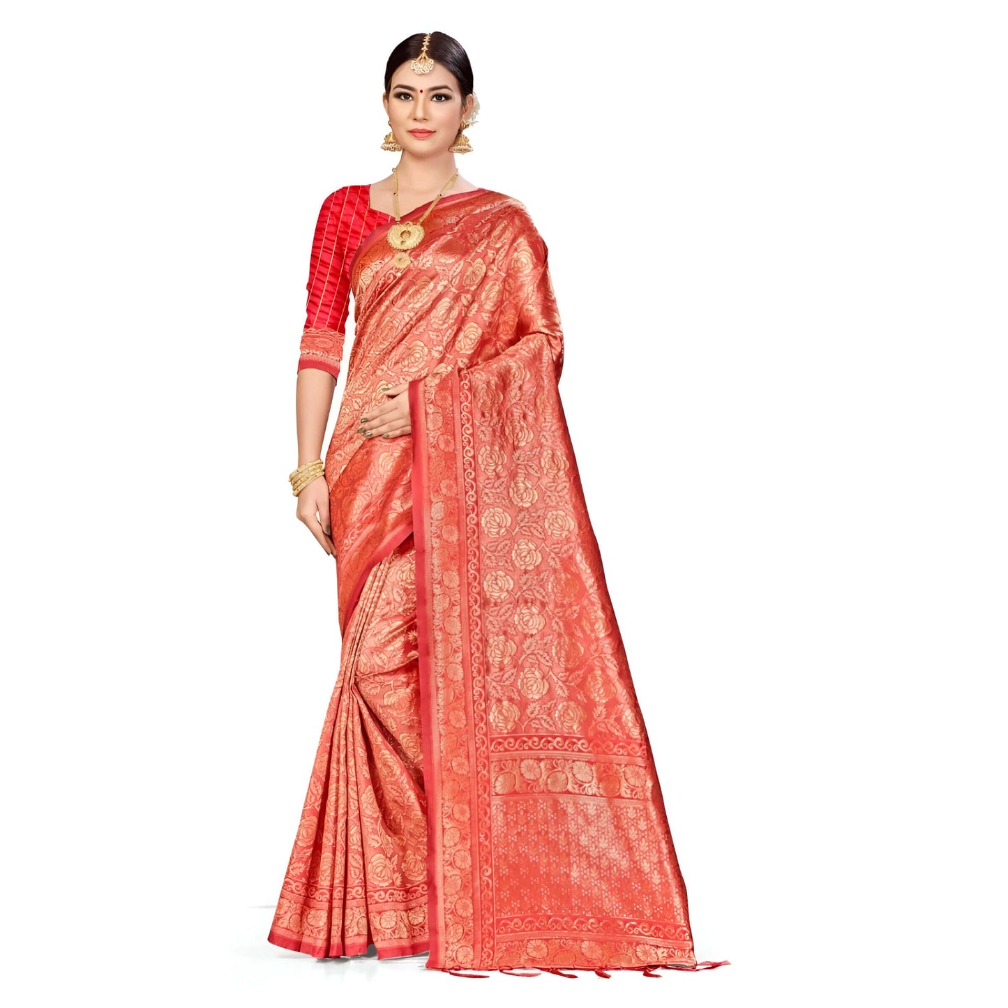 Pleated red silk saree with detailed gold designs shot in studio