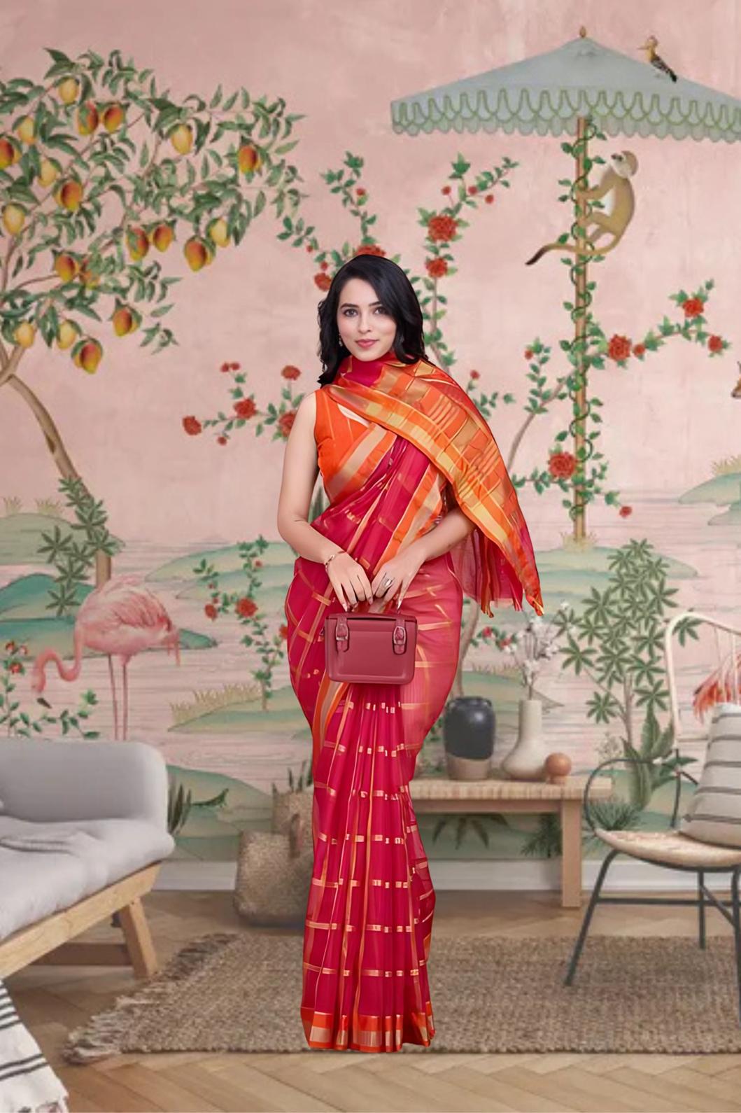 Front view of red checkered saree glowing in palace light