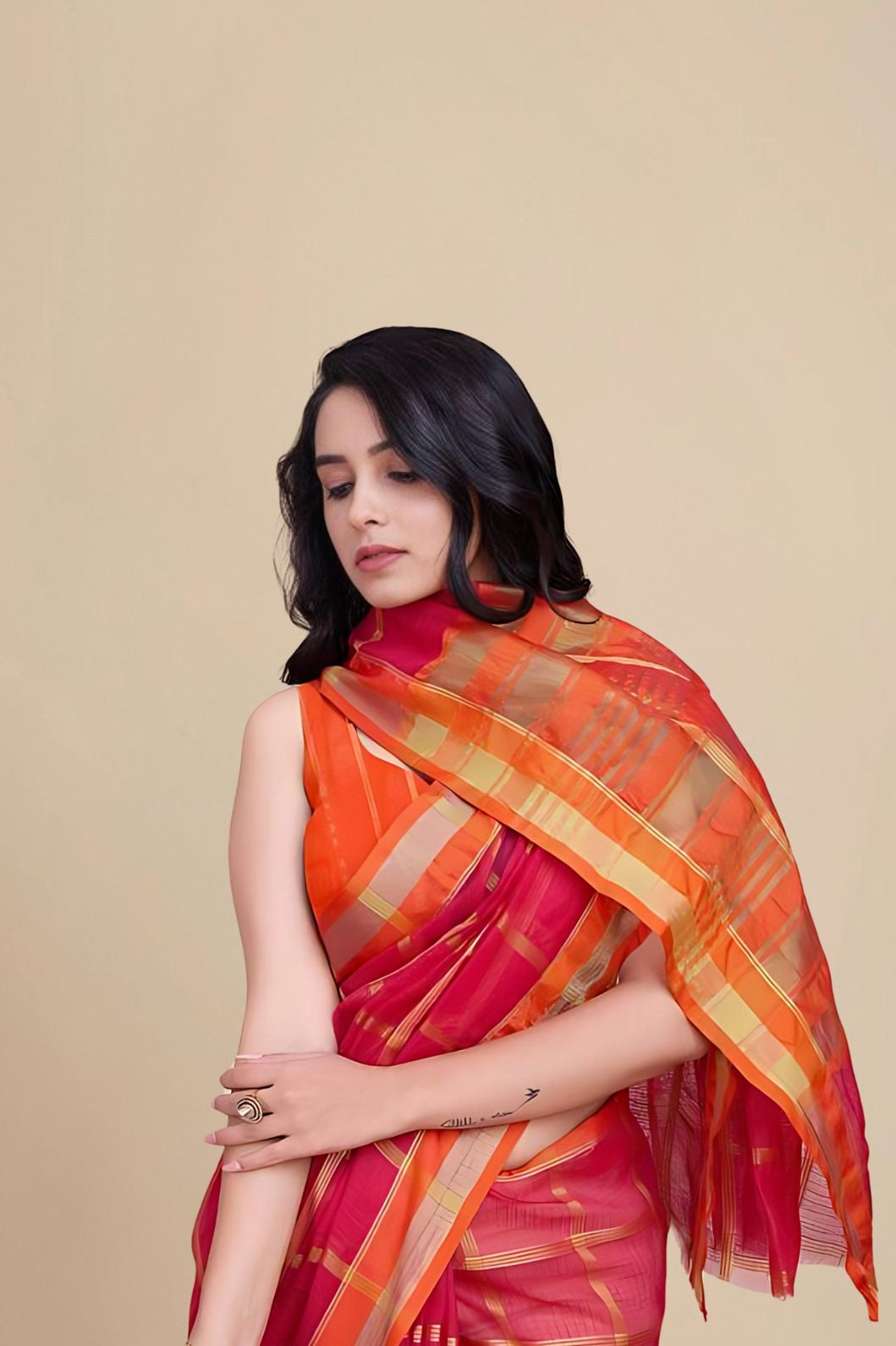 Studio front angle of red cotton silk saree with checkered clarity