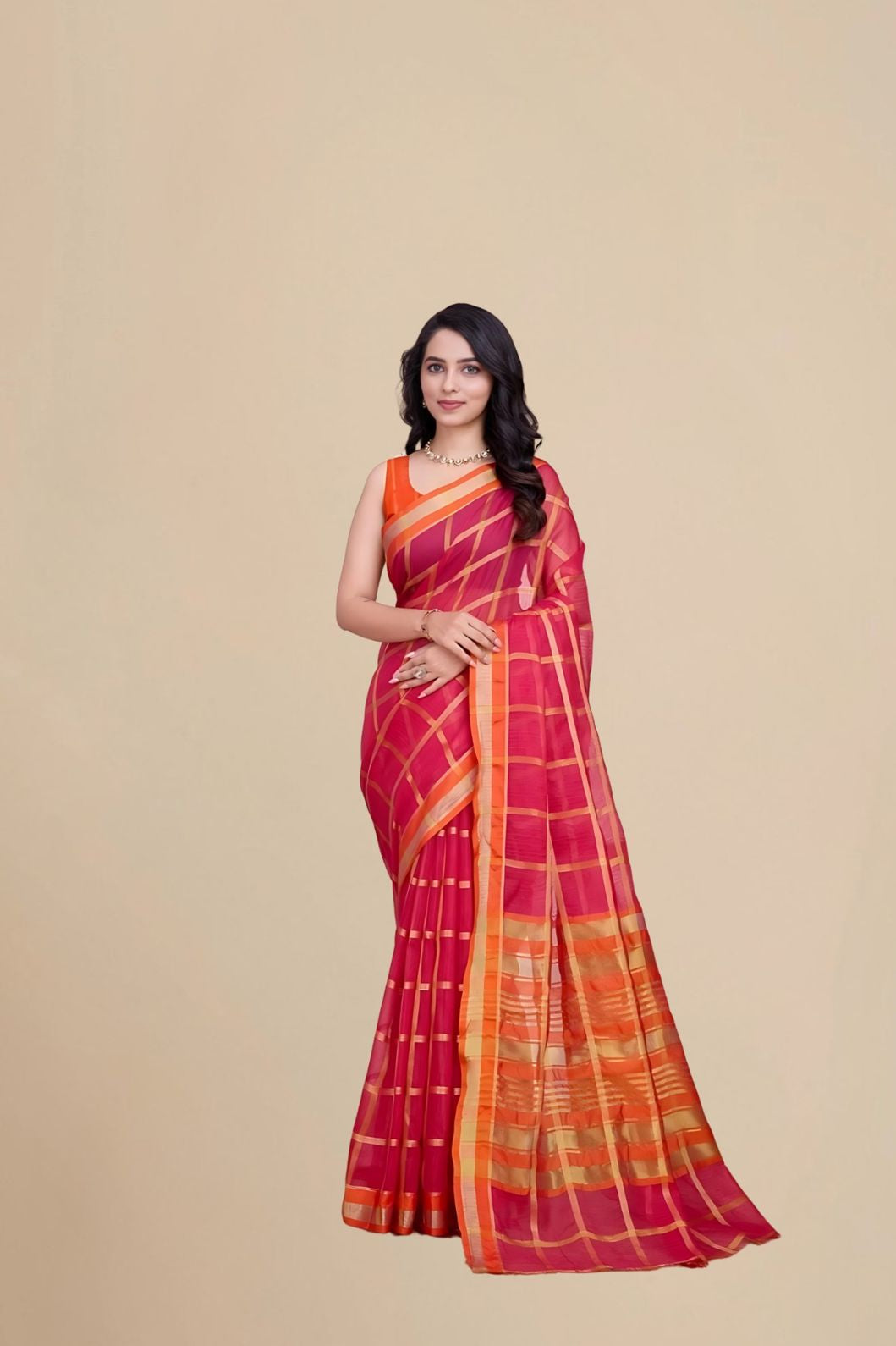 Studio front angle of red cotton silk saree with checkered clarity