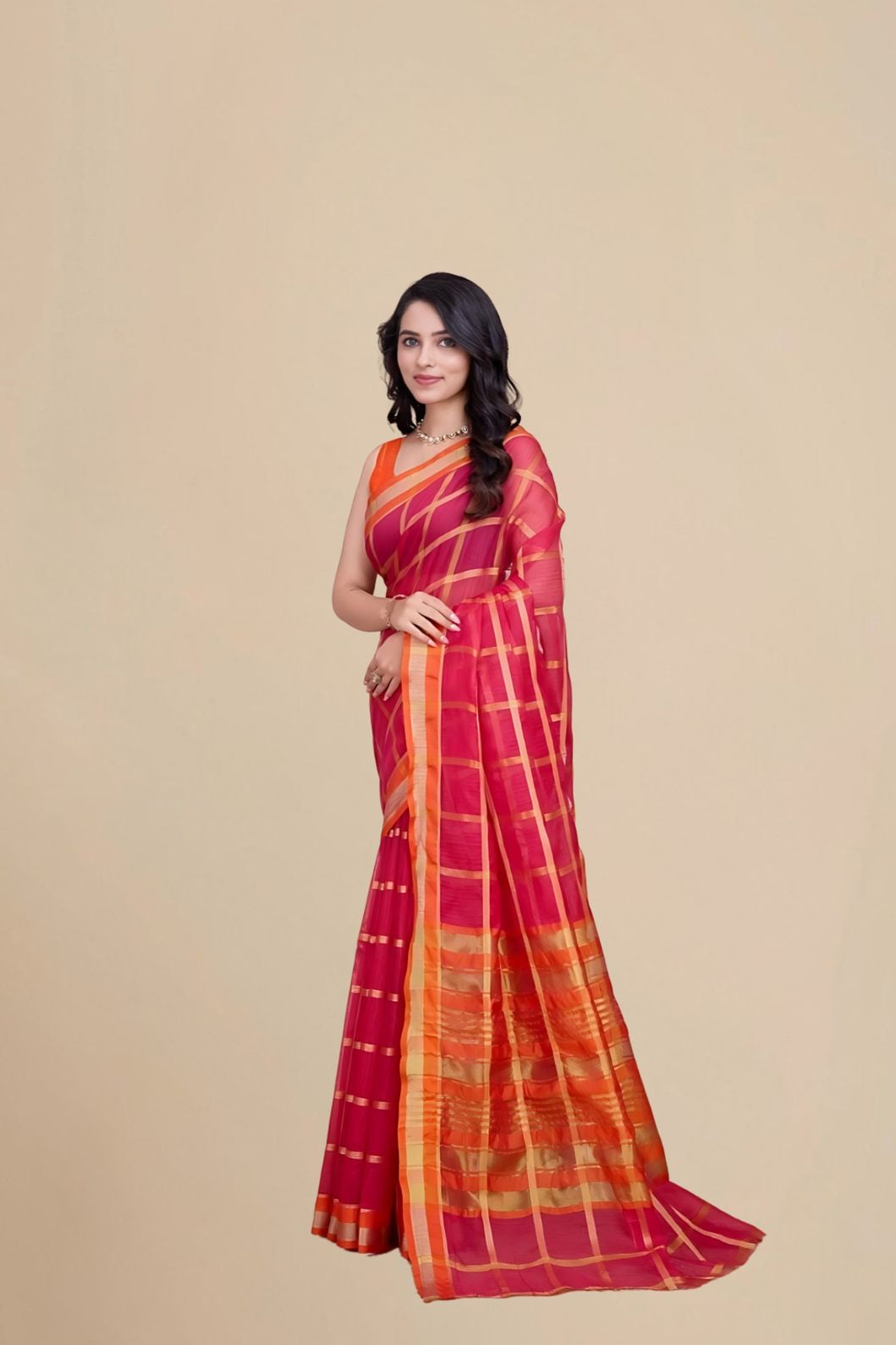 Studio front angle of red cotton silk saree with checkered clarity