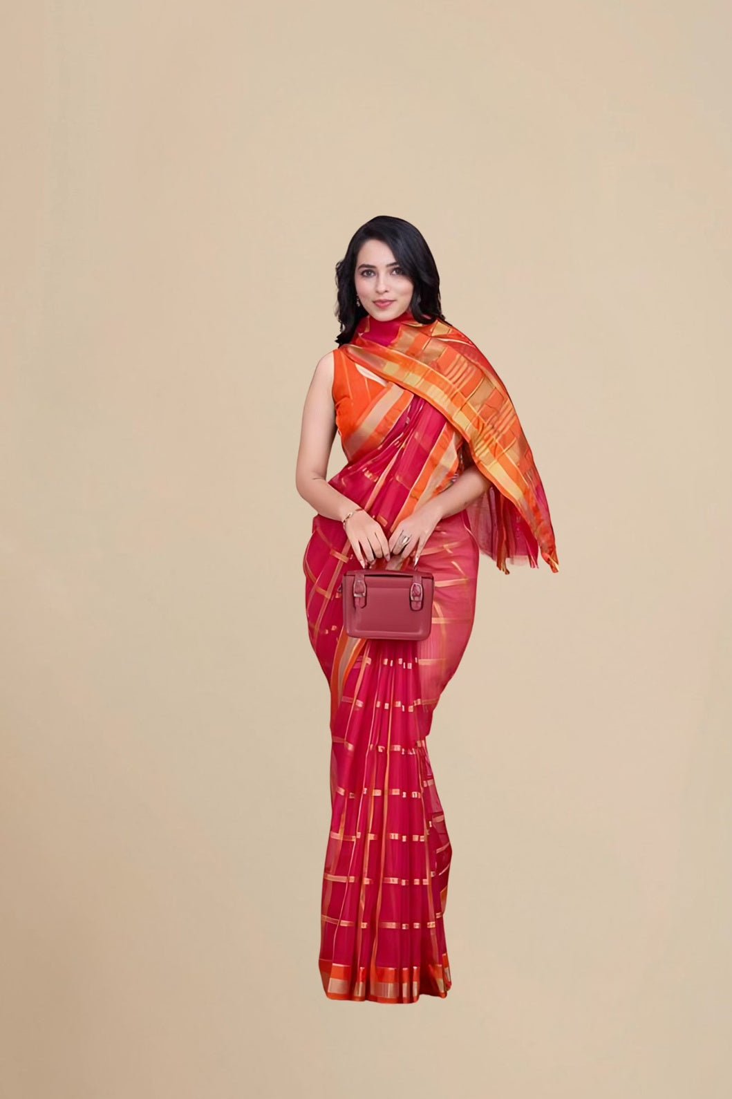 Studio front angle of red cotton silk saree with checkered clarity