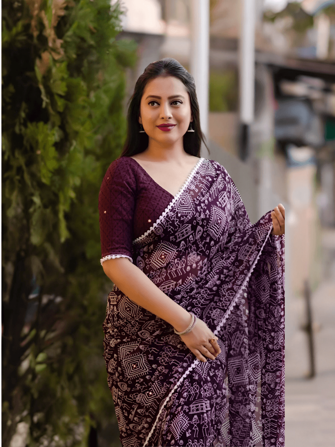 Dark Lavender-to-jamun ombre saree at golden hour – celestial glow