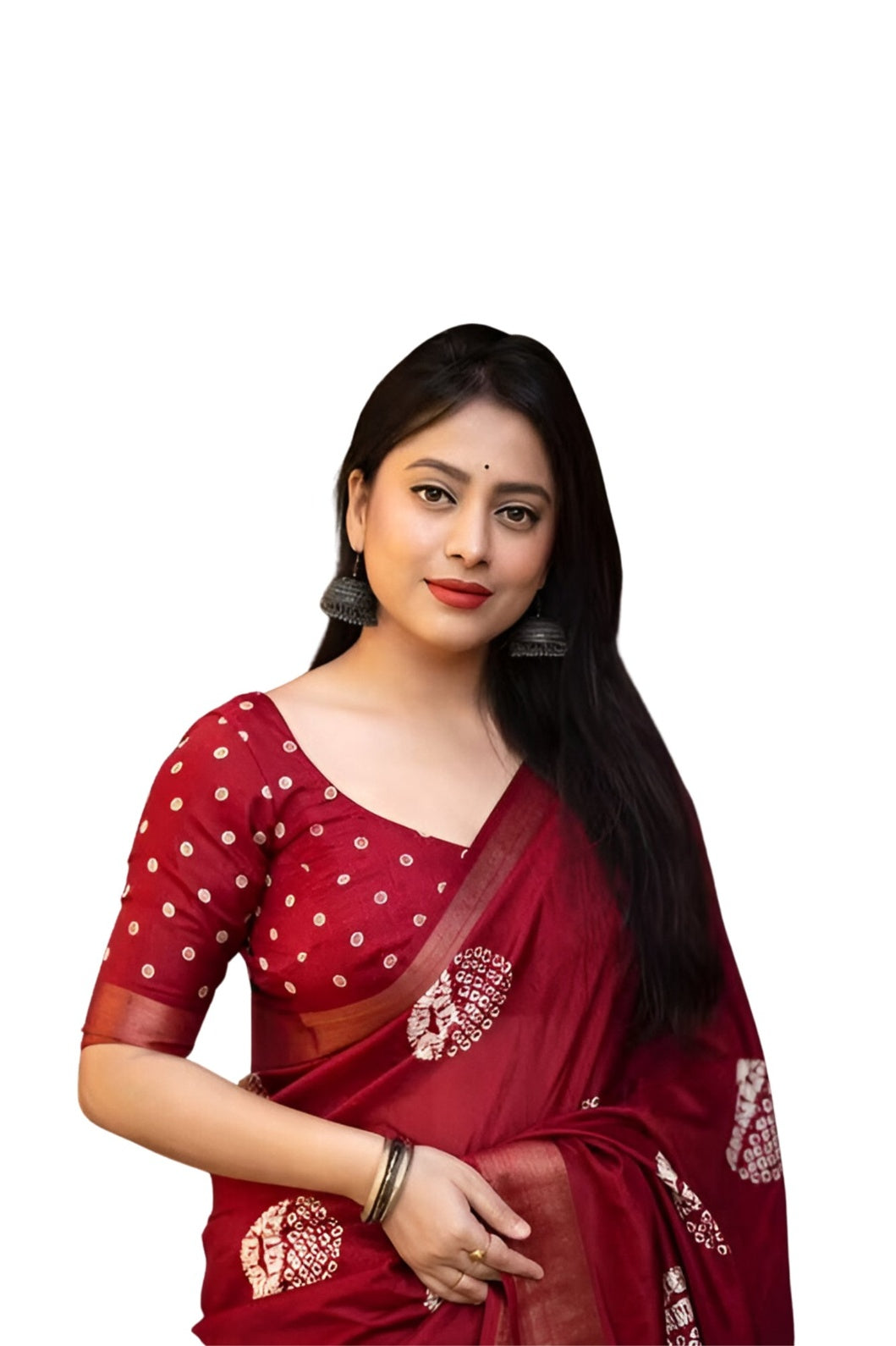 Studio front view of red printed saree in upright posture – white background