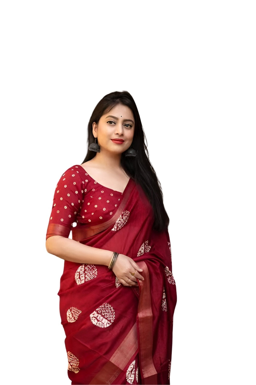 Studio front view of red printed saree in upright posture – white background