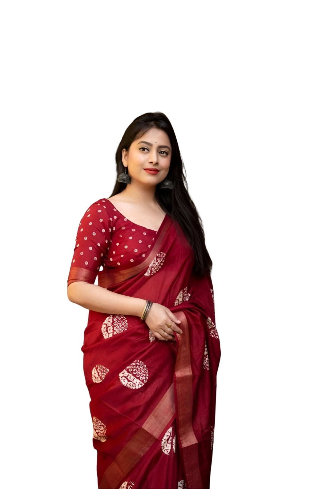 Studio front view of red printed saree in upright posture – white background