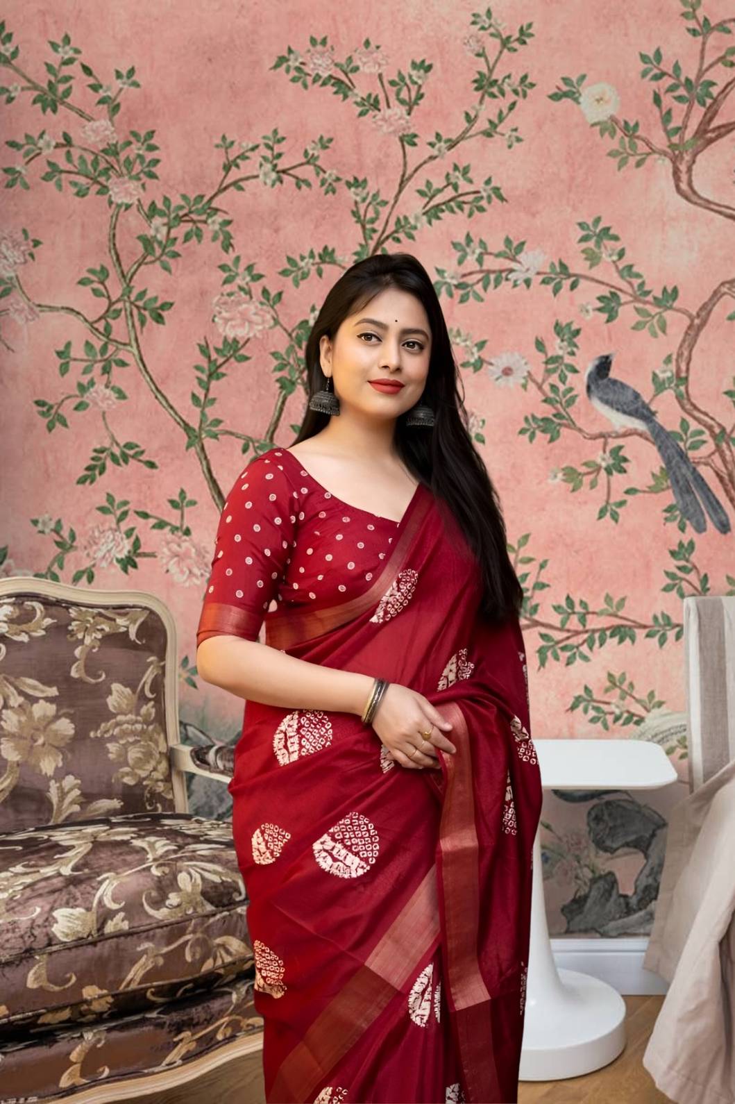 Front view of ❤️ Lohini red cotton crape printed saree styled in ethnic setting
lohini-red-crape-saree-back-view