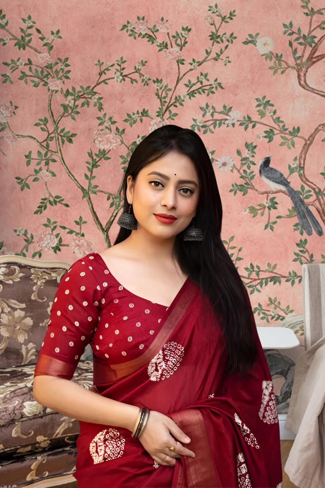 Front view of ❤️ Lohini red cotton crape printed saree styled in ethnic setting
lohini-red-crape-saree-back-view