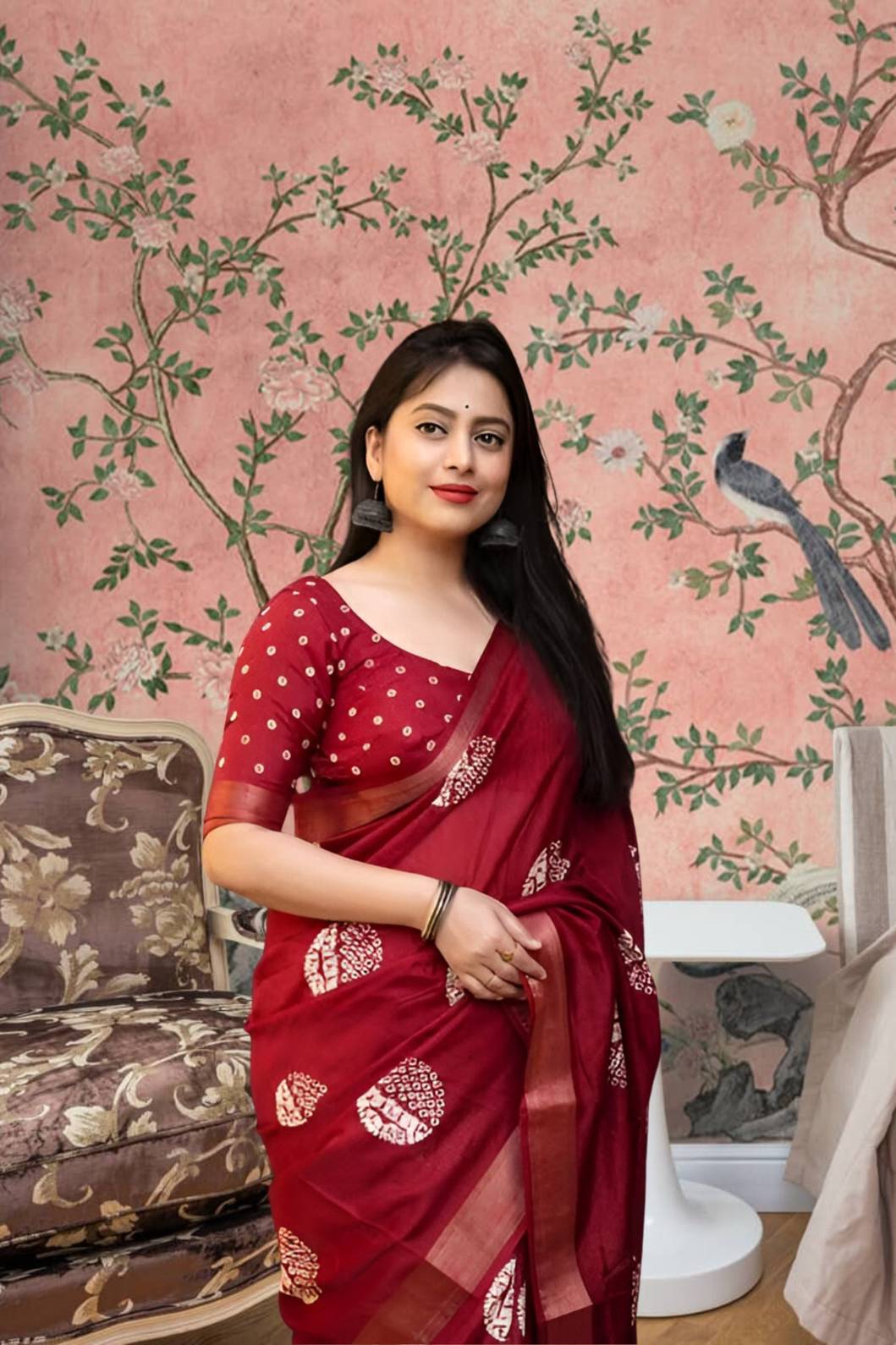 Front view of ❤️ Lohini red cotton crape printed saree styled in ethnic setting