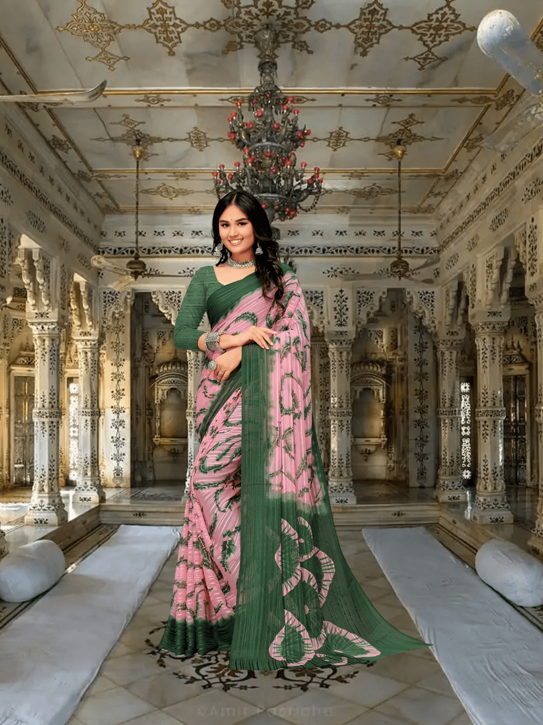 Model flipping pallu to show lychee-pink and leaf green