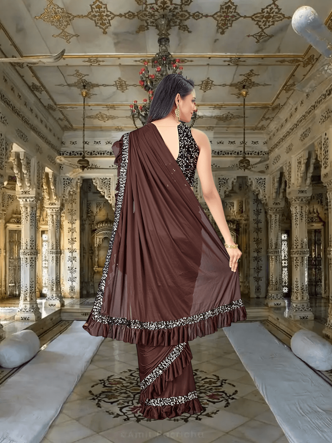 Stretch test of brown Lycra saree – wrinkle-free fabric