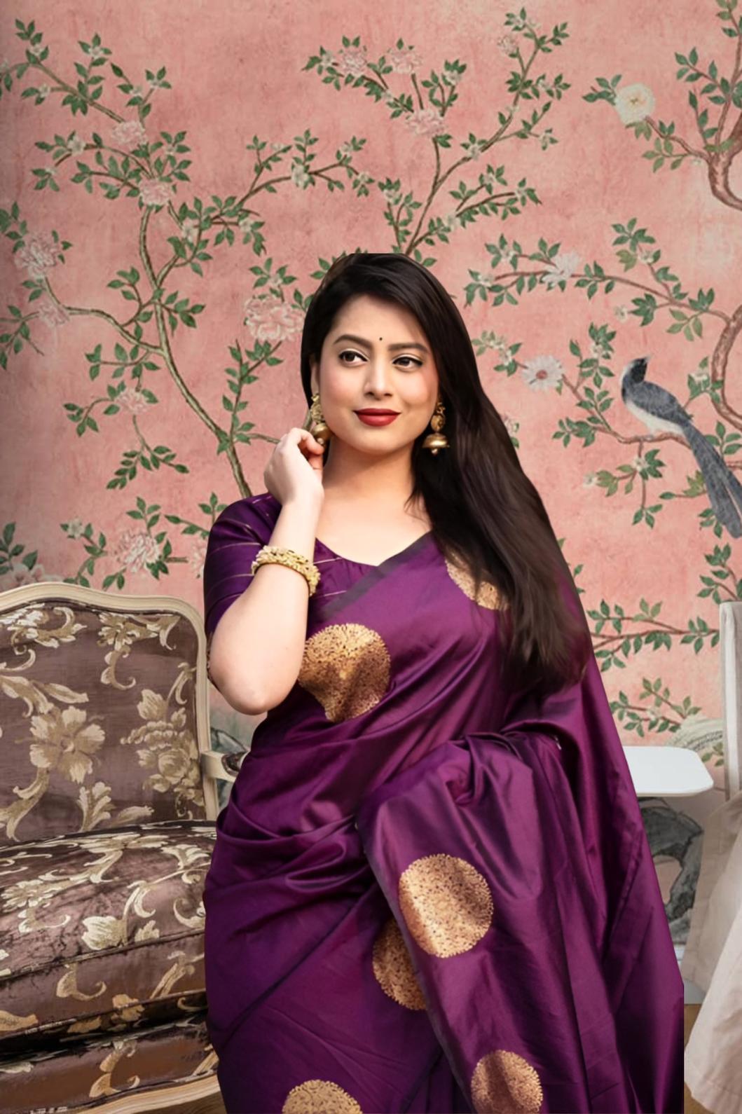 Front view of wine silk printed saree in regal palace setting