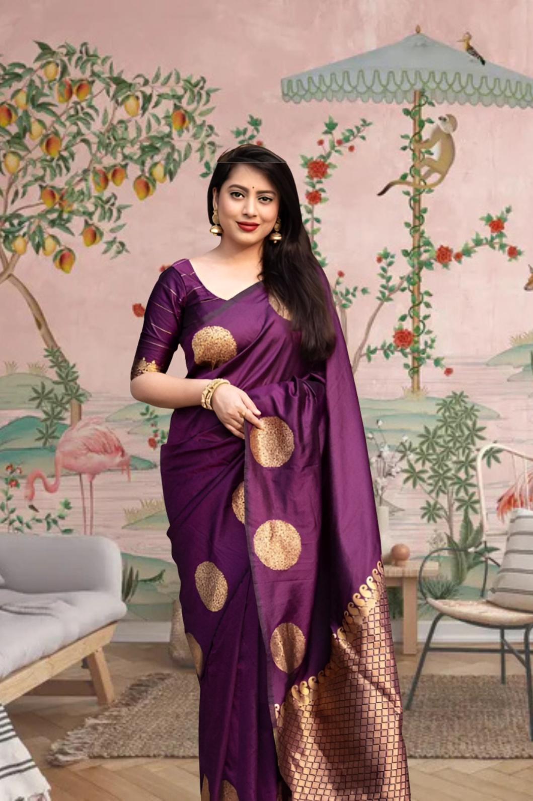 Front view of wine silk printed saree in regal palace setting