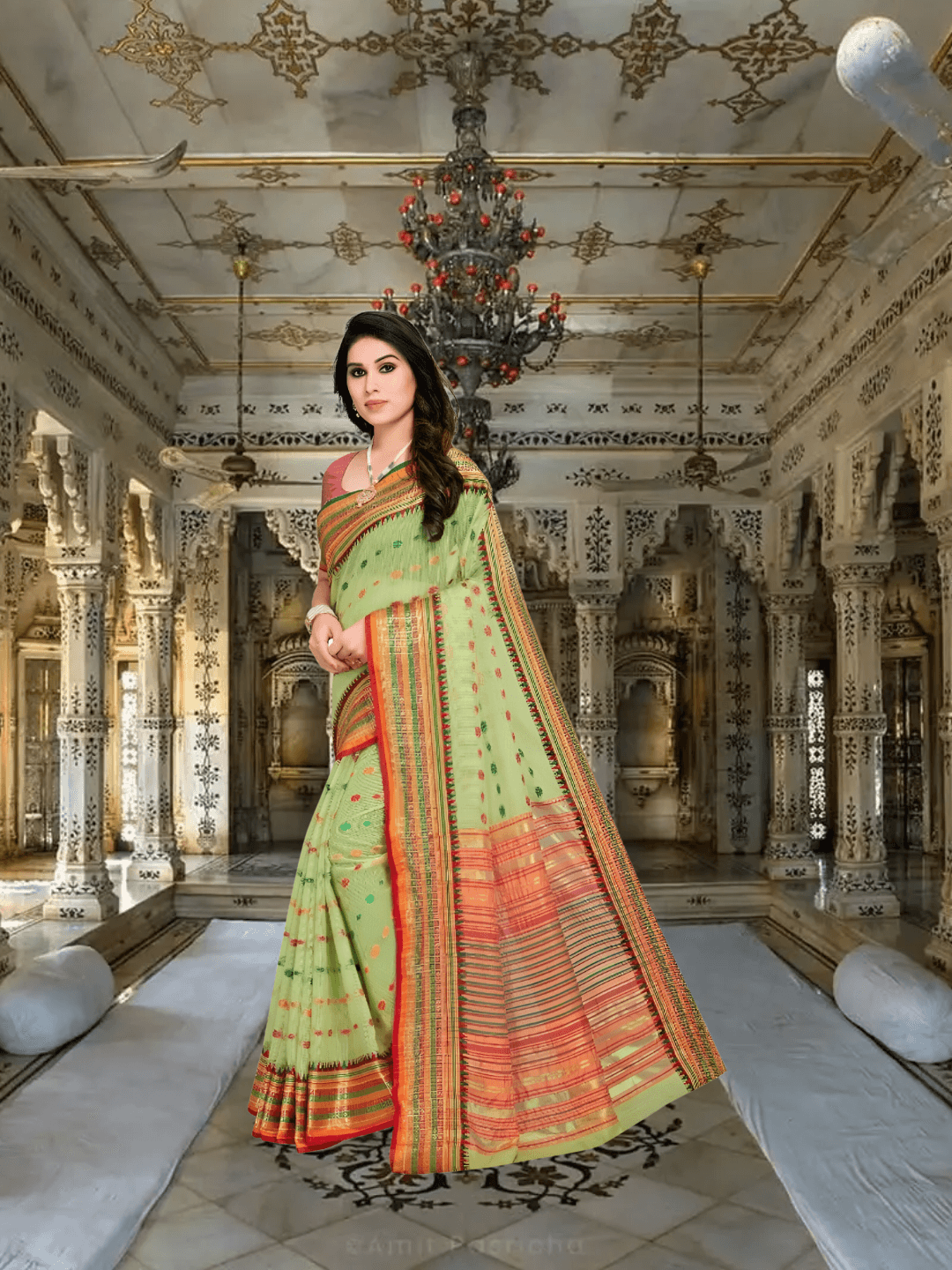 Close-up of soft border design on light green Kota Doria cotton fabric in palace backdrop