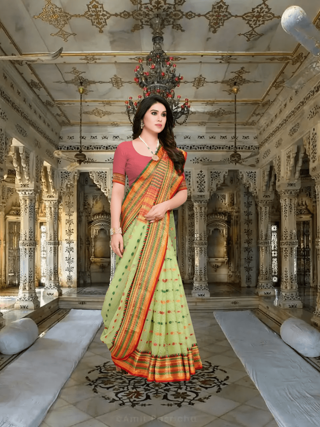 Light green Kota Doria saree with elegant border in standing pose inside palace room
