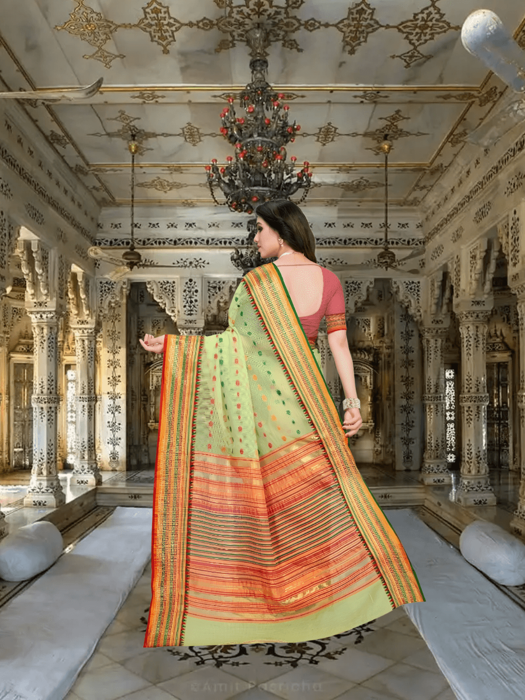 Model gracefully standing in light green saree inside heritage-style room