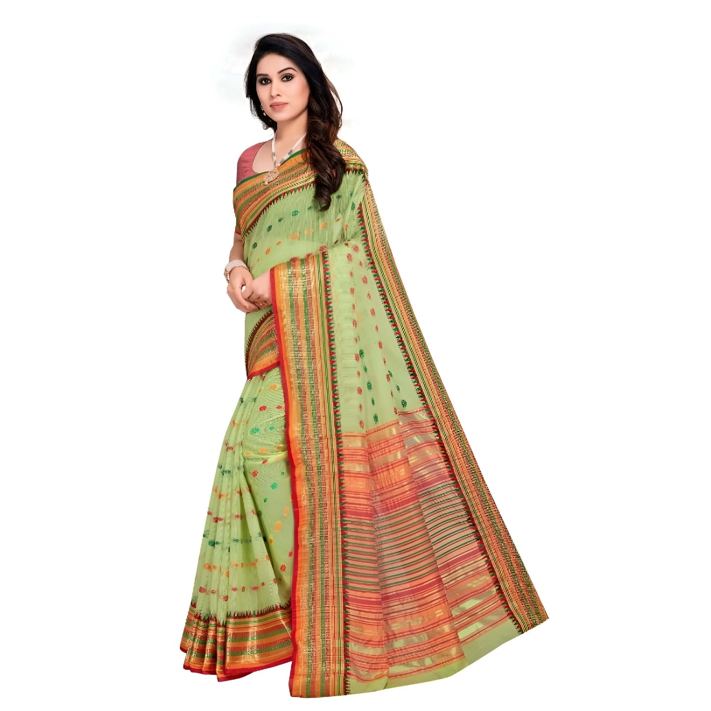 Full view of light green Kota Doria saree with border on mannequin against white background