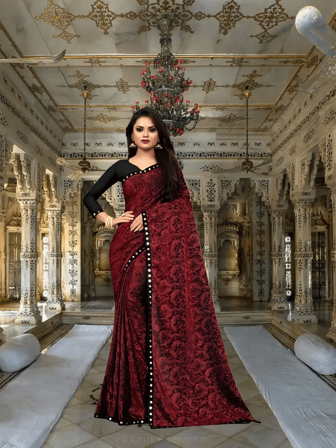 Professional woman in maroon Lycra office saree - no ironing needed for busy workdays
