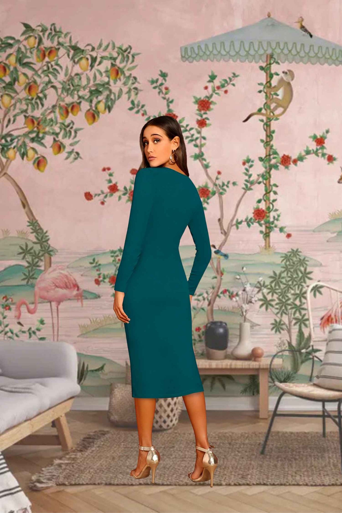 Back view of Morpich blue dress with stretchable fit