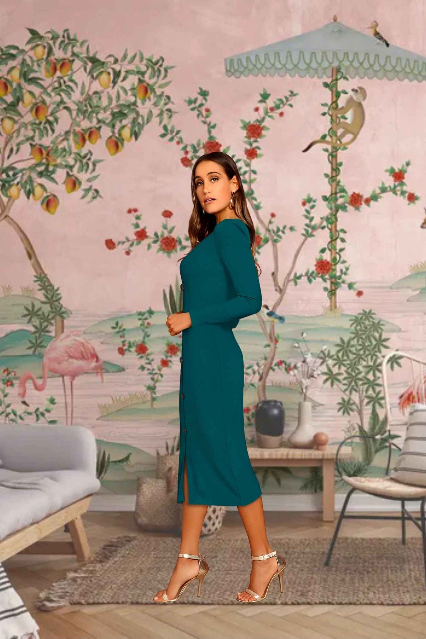 Side angle of bodycon dress in peacock blue with elegant shape