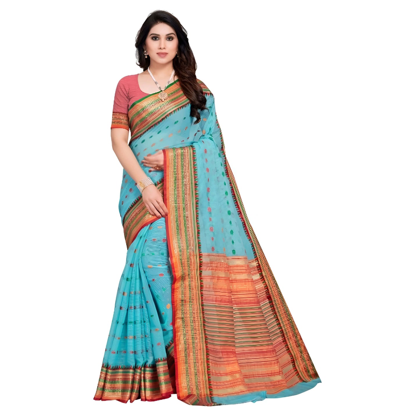 Sky blue Kota Doria cotton saree in standing pose on white studio background, full front view.