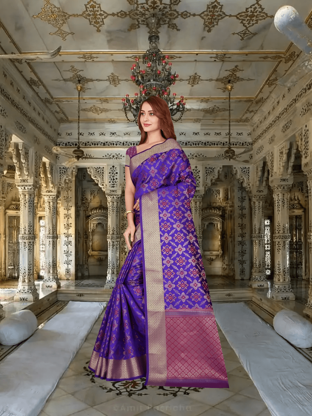 Model draped in purple Kanchivaram silk saree with golden borders in regal setting