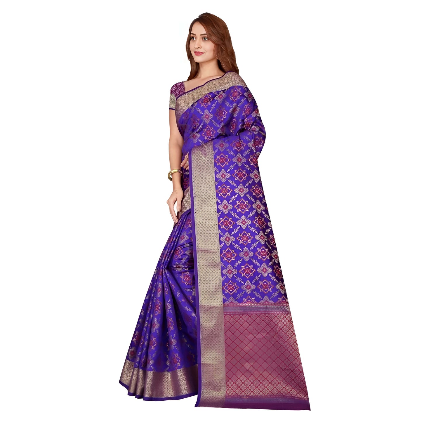 Full view of purple Kanchivaram silk saree with flower motifs and golden borders