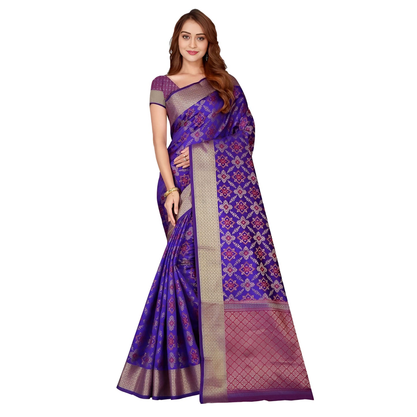 Full view of purple Kanchivaram silk saree with flower motifs and golden borders